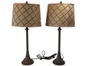 Pair Of Traditional Bronze Buffet Lamps With New Round Shades