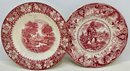 5 Vintage Cranberry Transferware Plates & Bowl By Enoch Woods Burslem, R. Hall & Others