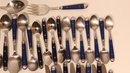A LARGE 51 PIECE VINTAGE LOT OF COBALT BLUE WITH RIVETED HANDLES FLATWARE BY PALETTE / ONEIDA