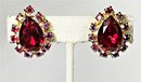 Vintage Red Rhinestone Clip Earrings Pear Shaped Stones