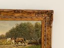 Antique Framed Oil On Canvas Of Horses Pulling A Log By A. Hoeksema With Original Label On Back (#16)