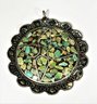 Ethnographic Silver Round Pendant Having Crushed Turquoise Stone Mosaic