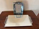 Vintage Mirrored Vanity Tray With Acrylic Handles & Etched Mirrored Frame