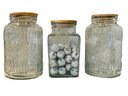 Three Wooden Top Glass Jars, 1 Filled With Pottery Barn Porcelain Letter Orbs.