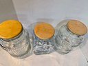 Three Wooden Top Glass Jars, 1 Filled With Pottery Barn Porcelain Letter Orbs.