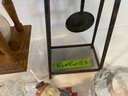 Polish Crystal Basket & Small Bowl Headline This Small Decor Grouping. Wood Framed Hourglass, Clock & Wood Dog