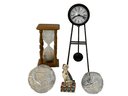 Polish Crystal Basket & Small Bowl Headline This Small Decor Grouping. Wood Framed Hourglass, Clock & Wood Dog
