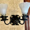 A Set Of 3 Antique Victorian Metal Double Light Sconces With Glass Shades