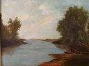 Antique Framed Oil On Canvas Of A Couple In A Boat By The River, Appears To Be Unsigned (#32, 1st Fl Office-L)