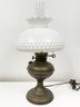 An Antique Brass Hurricane Lamp With Hobnail Milk Glass Shade - Wired For Electricity