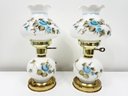 A Pair Of Vintage Painted Glass And Brass Hurricane Style Lamps