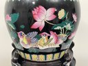 A Vintage Ceramic Chinese Planter On Lacquered Wood Base