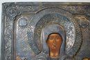 Antique 1850s Hand Made Oklad Egg Tempera Russian Orthodox Icon Virgin Mary & Christ Child Stamped 75 Silver