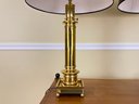 Pair Of Brass Column Table Lamps With Black Shades