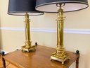 Pair Of Brass Column Table Lamps With Black Shades