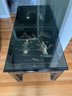 Pair Of Hollywood Regency Black And Gold Chinoiserie Glass Top End Tables
