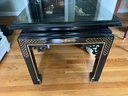Pair Of Hollywood Regency Black And Gold Chinoiserie Glass Top End Tables