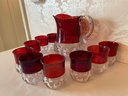 Vintage Ruby Glass Thumbnail Pitcher And 9 Glasses.