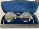 Fabulous Octagonal Antique Rimless Gold Wire Eyeglasses & Original Case
