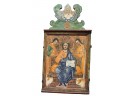 Antique Mid 1800s Rustic Hand Painted Russian Orthodox Icon With Depiction Of God On Top Of Ornate Panel