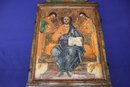 Antique Mid 1800s Rustic Hand Painted Russian Orthodox Icon With Depiction Of God On Top Of Ornate Panel