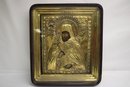 Antique Mid 1800s Intricately Hand Made Russian Orthodox Gold Over 84 Silver Icon In Wood & Glass Shadowbox