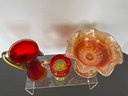 2 VTG Crackle Glass Amberina Pitchers & 8 Point Marigold Carnival Glass Footed Compote