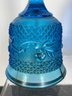 3 Pcs. Vintage Blue Glass Lot: Toothpick Holder, Bell, Signed Plate