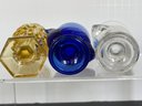 3 Vintage Glass Egg Cups Dark Blue Marked France , Yellow, Clear