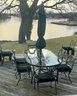 Cast Aluminum Outdoor Patio Table, Set Of Eight Matching Arm Chairs With Cushions, Umbrella And Stand