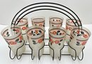 Set 8 Mid Century Hall China Red Poppy Pattern Frosted Tumbler Glasses In Iron Carrying Caddy