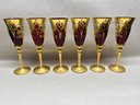 (6) Venetian 18K Gold Murano Hand Blown Red Amber Glass Tre Fuochi 9 1/8' Stemware Flutes. Gorgeous!