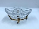 Vintage Pressed Cut Glass Scalloped Edge Oblong Bowl Atop Brass Cherub Stand