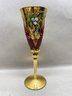 (6) Venetian 18K Gold Murano Hand Blown Red Amber Glass Tre Fuochi 9 1/8' Stemware Flutes. Gorgeous!