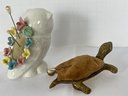 Lot Of 2 Vintage Pin Cushion- Solid Brass Turtle & Porcelain Owl With Applied Flowers