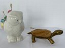 Lot Of 2 Vintage Pin Cushion- Solid Brass Turtle & Porcelain Owl With Applied Flowers