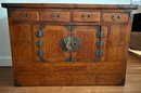 Antique Korean Blanket Chest 2 Piece Wood Cabinet With Metal Details