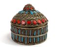 Pair - Metal Lidded Keepsake Box With Coral And Turquoise Colored Stone Details