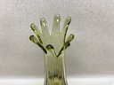 Mid Century Modern Green Glass Footed Bud Vase. 8 Fingers. 10 5/8' Tall. In Perfect Condition.