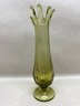 Mid Century Modern Green Glass Footed Bud Vase. 8 Fingers. 10 5/8' Tall. In Perfect Condition.