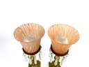 Pair- Antique Brass Table Lamps With Hanging Crystal Details And Textured Color Shades