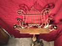 Vintage Steel Lyre Music Stand Adjustable W/ Candle Holders Wrought Iron Gold Finish