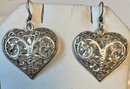 VINTAGE SIGNED STERLING SILVER HEART RIGHT CUT EARRINGS