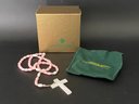 Vintage Pink & White Plastic Rosary Beads In Lux Bond & Green Packaging