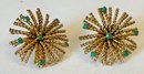 VINTAGE SIGNED BERGERE GOLD TONE TEAL GLASS CLIP-ON EARRINGS