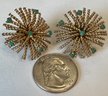 VINTAGE SIGNED BERGERE GOLD TONE TEAL GLASS CLIP-ON EARRINGS