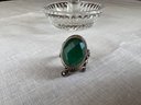 Boho Style Sterling Silver Ring With A Large Emerald Look Cabochon, Size 8