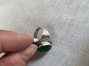 Boho Style Sterling Silver Ring With A Large Emerald Look Cabochon, Size 8