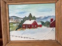Signed Naive Style Folk Painting, Red Cabin In Snowy Hills