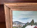 Signed Naive Style Folk Painting, Red Cabin In Snowy Hills